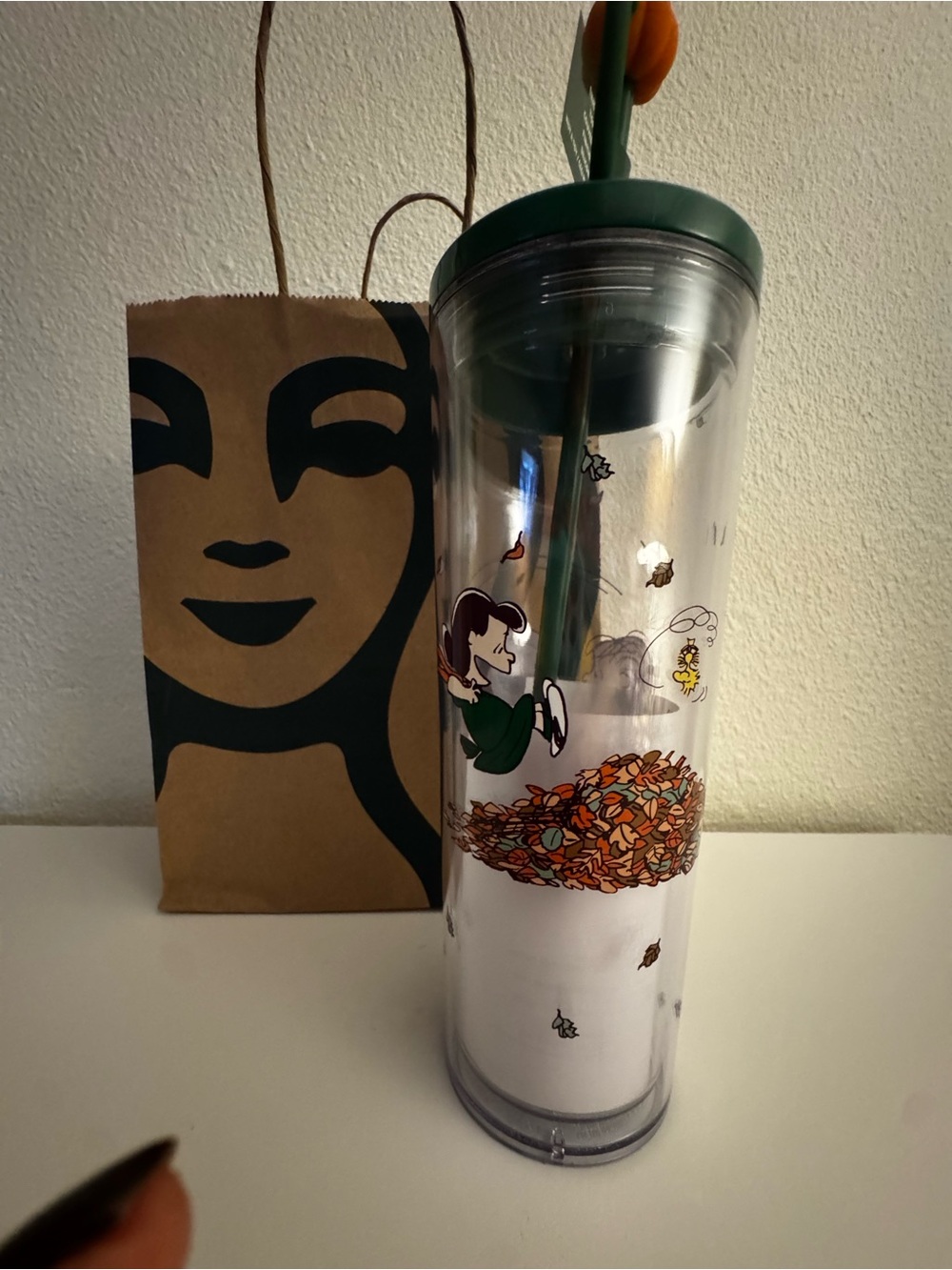 Starbucks Clear Peanuts Fall Tumbler with Green Lid and Orange Leaf Accents